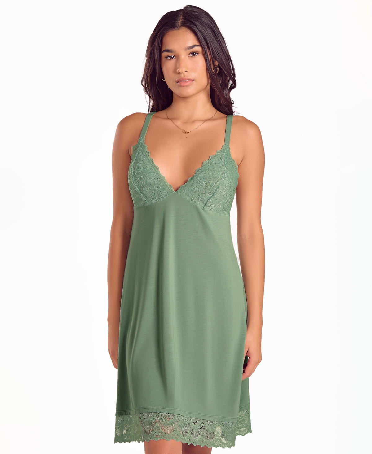 Icollection Plus Size Lace Stretch Knit Sleeveless Nightgown In Green