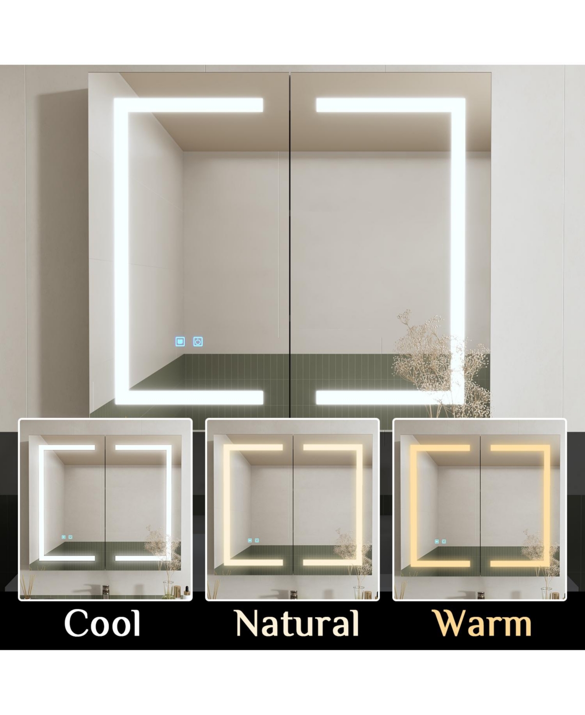 Bathroom Wall Cabinet with Mirror, Dimmable Lights, Frameless Surface Mount