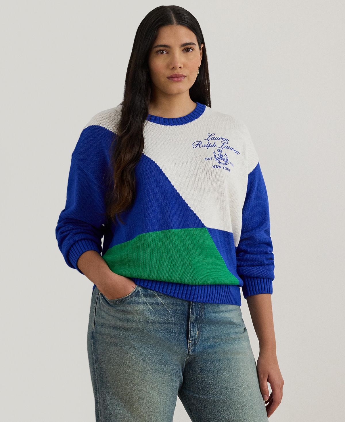 Ralph Lauren Plus Size Color-blocked Long-sleeve Sweater
