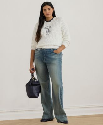 Plus Size Embroidered-Crest Long-Sleeve Sweater