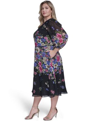 Plus Size Jewel Neck Balloon Sleeve Midi Dress