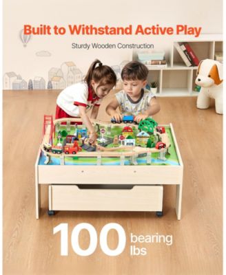 3-in-1 Wooden Train Activity Table with 100 PCS and Rolling Drawer