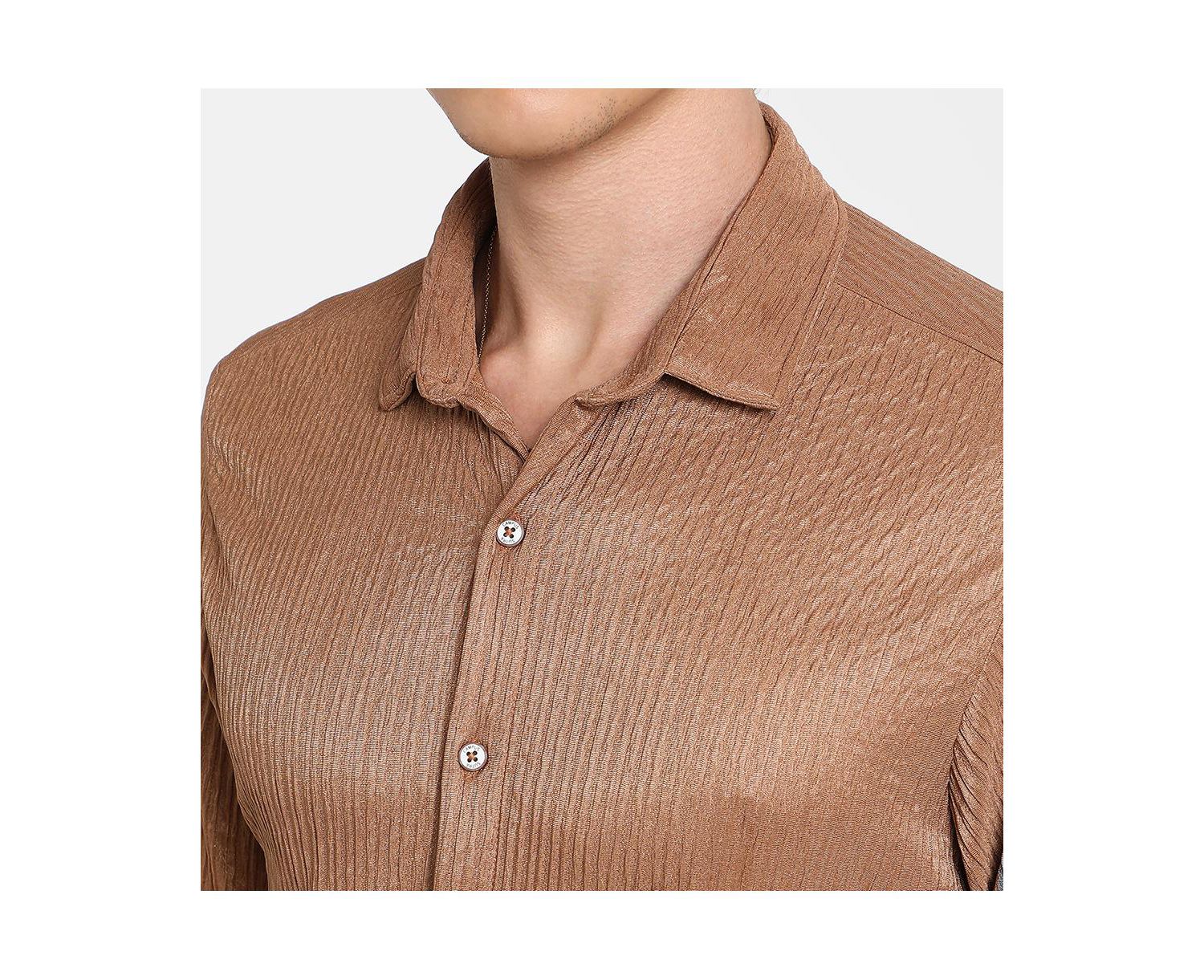 Men's Camel Beige Solid Creased Shirt