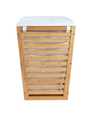 Slatted Natural Hamper with Cushioned Lid and Removable Cotton Bag, Natural