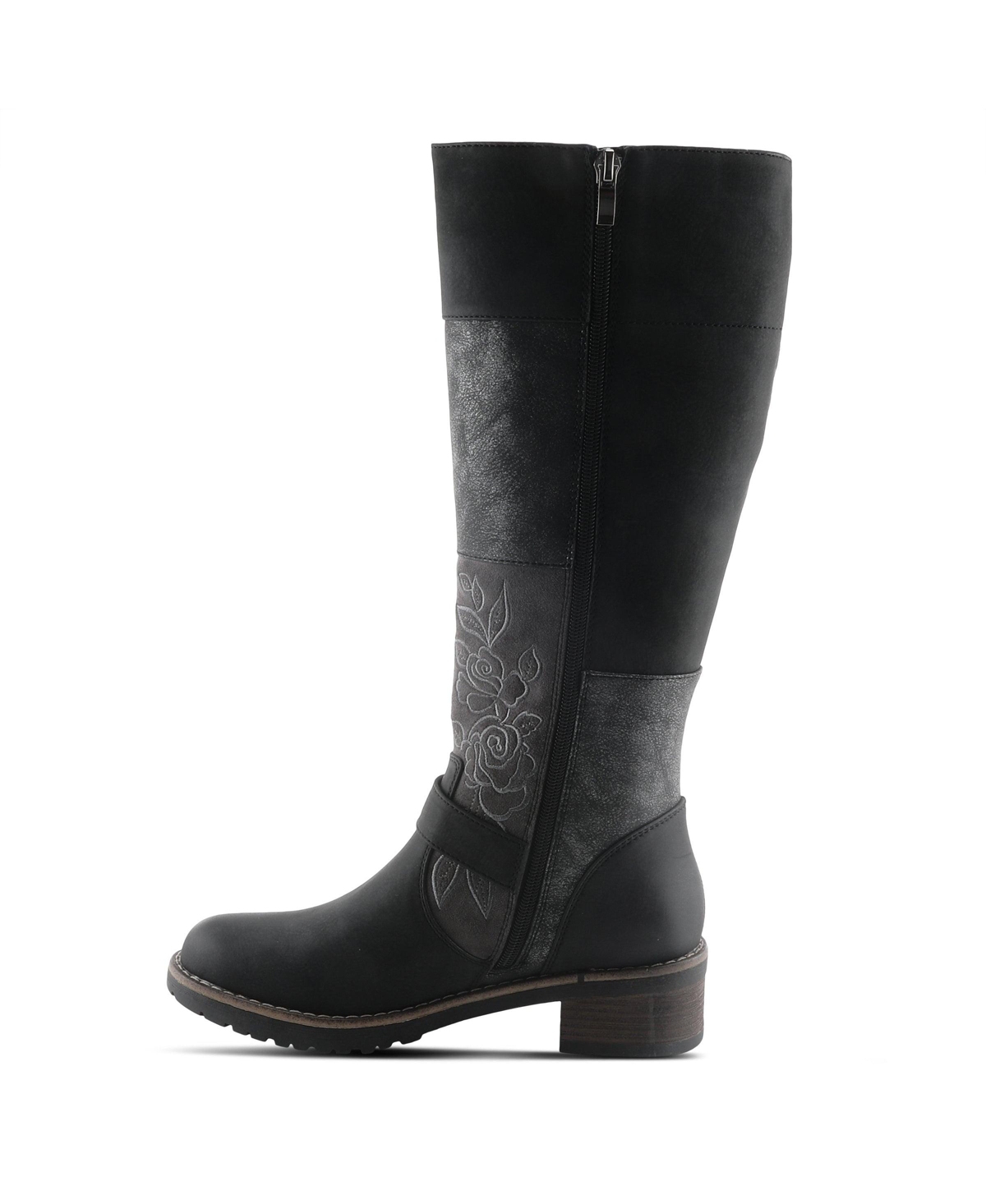 Patrizia Women s Collage Patchwork Knee-High Boots with Embroidery and Buckle Accents