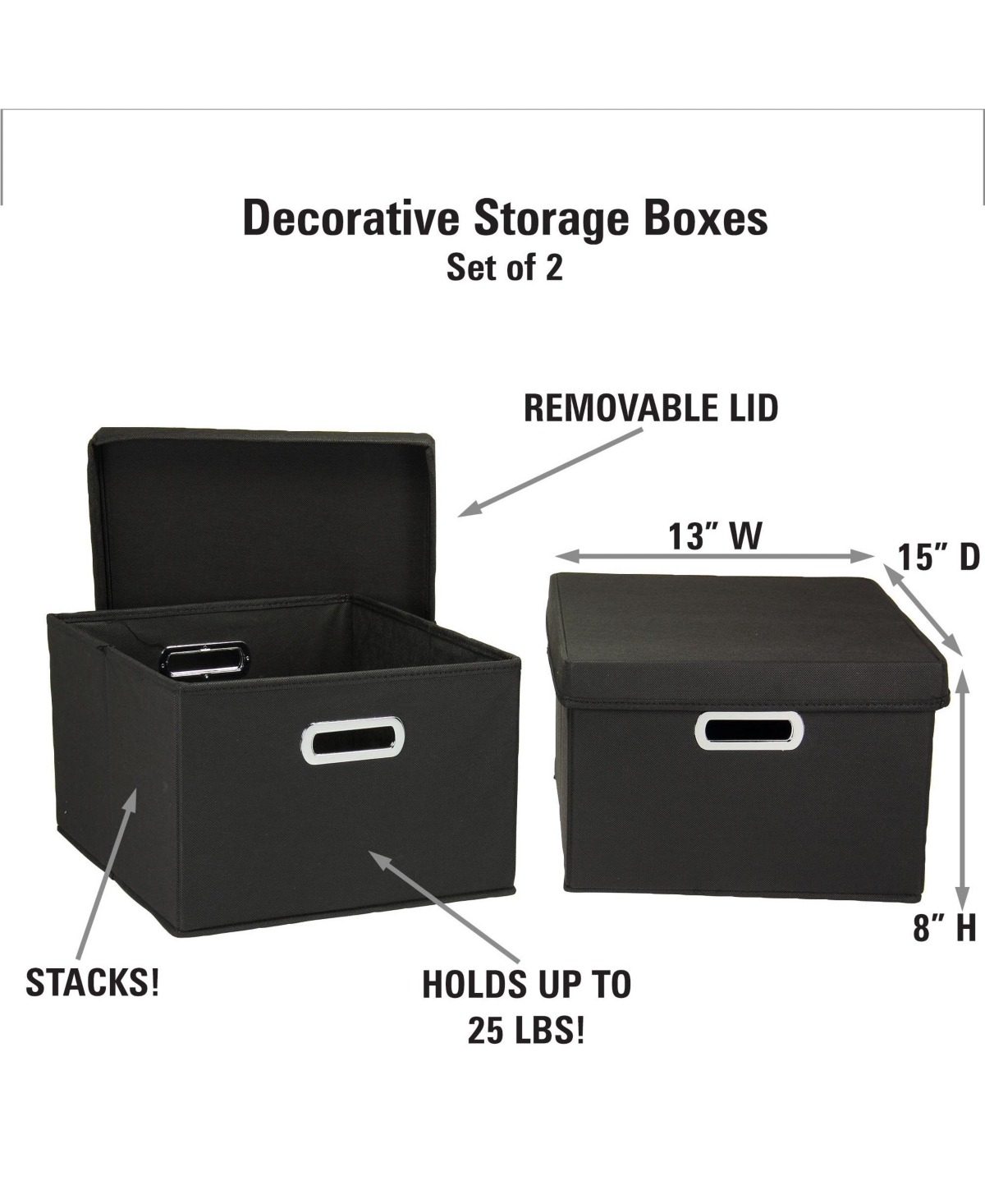 Household Essentials Storage Bins with Lids and Chromed Grommet Handles, Set of 2, Black