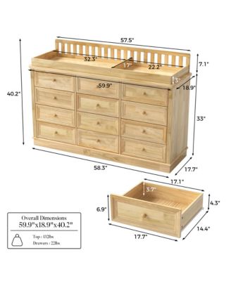 Solid Wood Changing Table with 12 Drawers and Guardrails, Chest of Drawers
