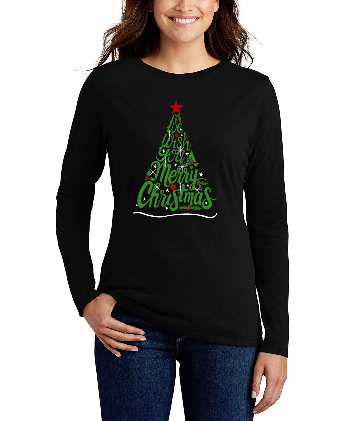 Женская футболка LA Pop Art We Wish You A Merry Christmas Word Art Long-Sleeve, цвет: Чёрный — фото 1