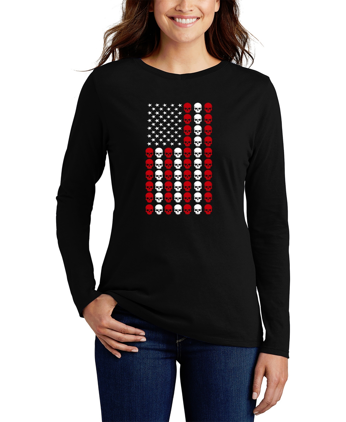 La Pop Art Women's Skull Flag Word Art Long Sleeve T-shirt In Black