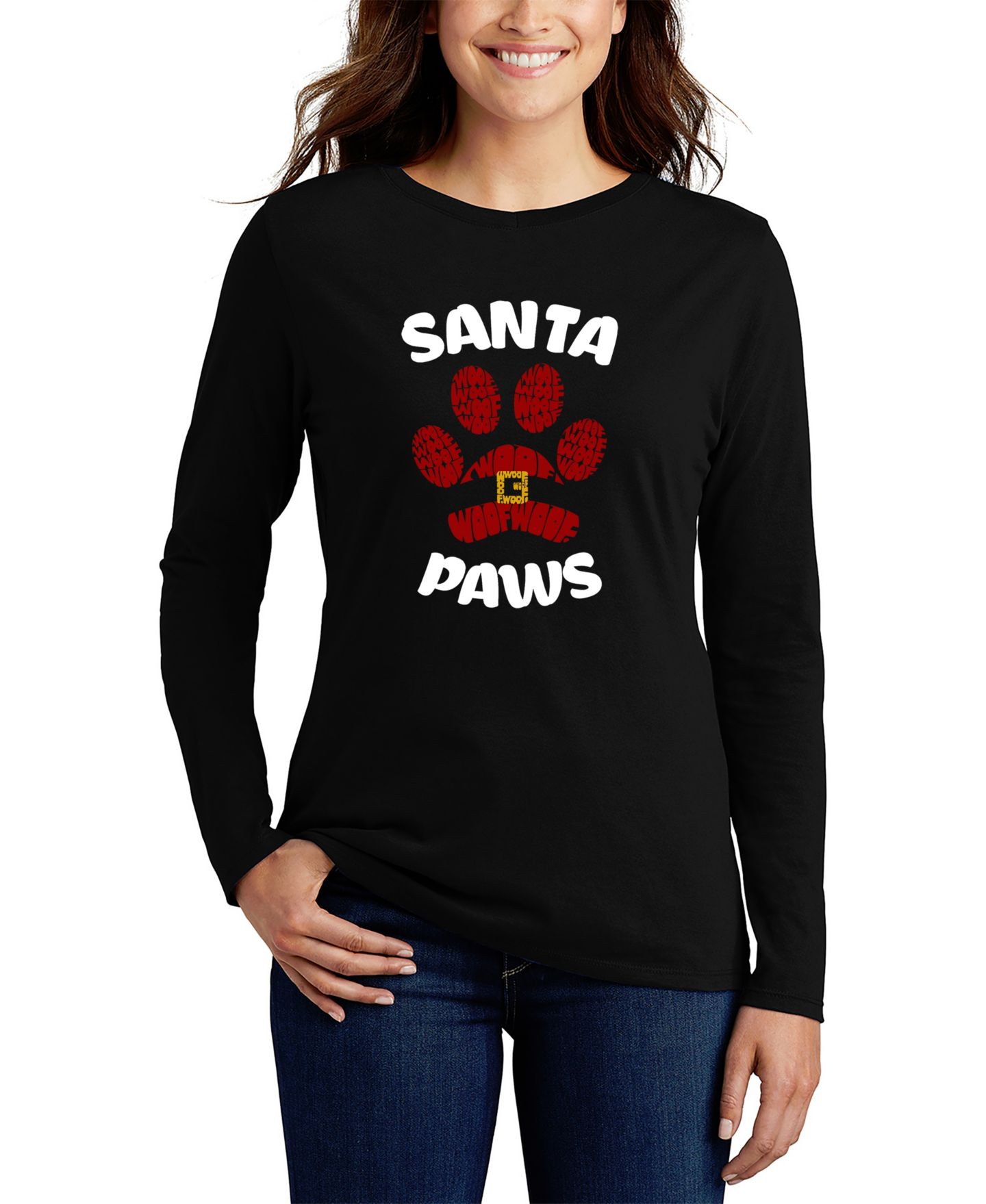 Женская футболка LA Pop Art Santa Paws Word Art Long-Sleeve, цвет: Чёрный — фото 1
