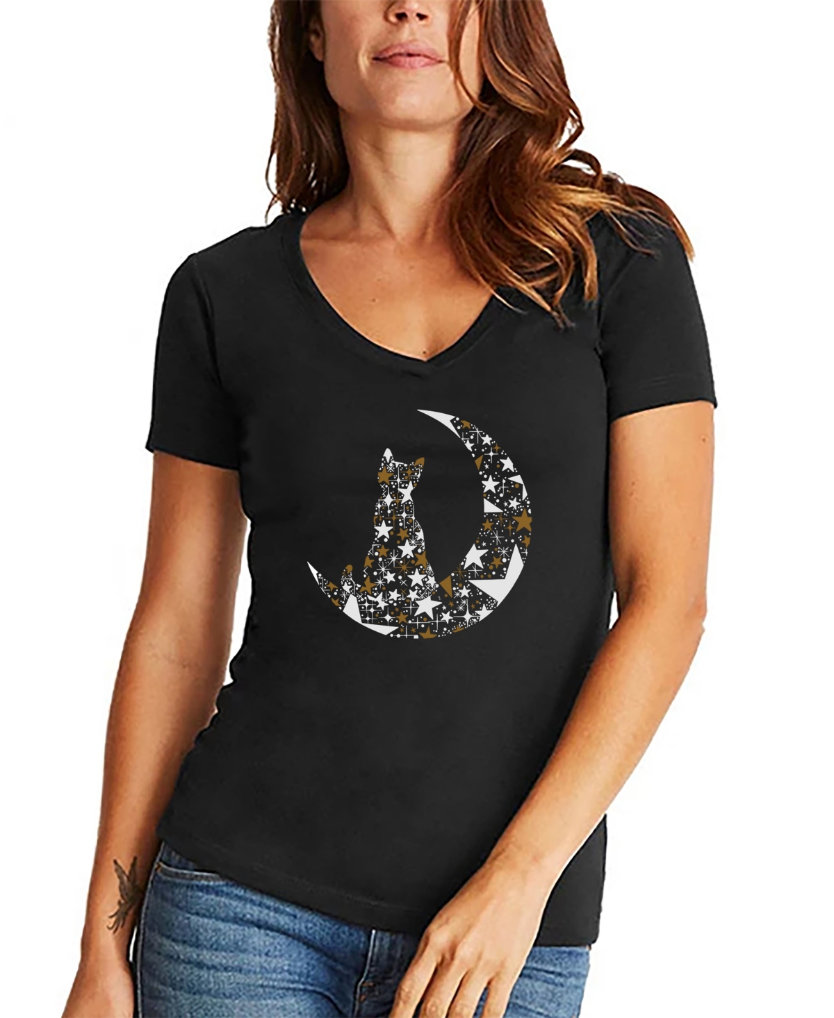 La Pop Art Women's Cat Sitting On Moon Word Art V-neck T-shirt In Black