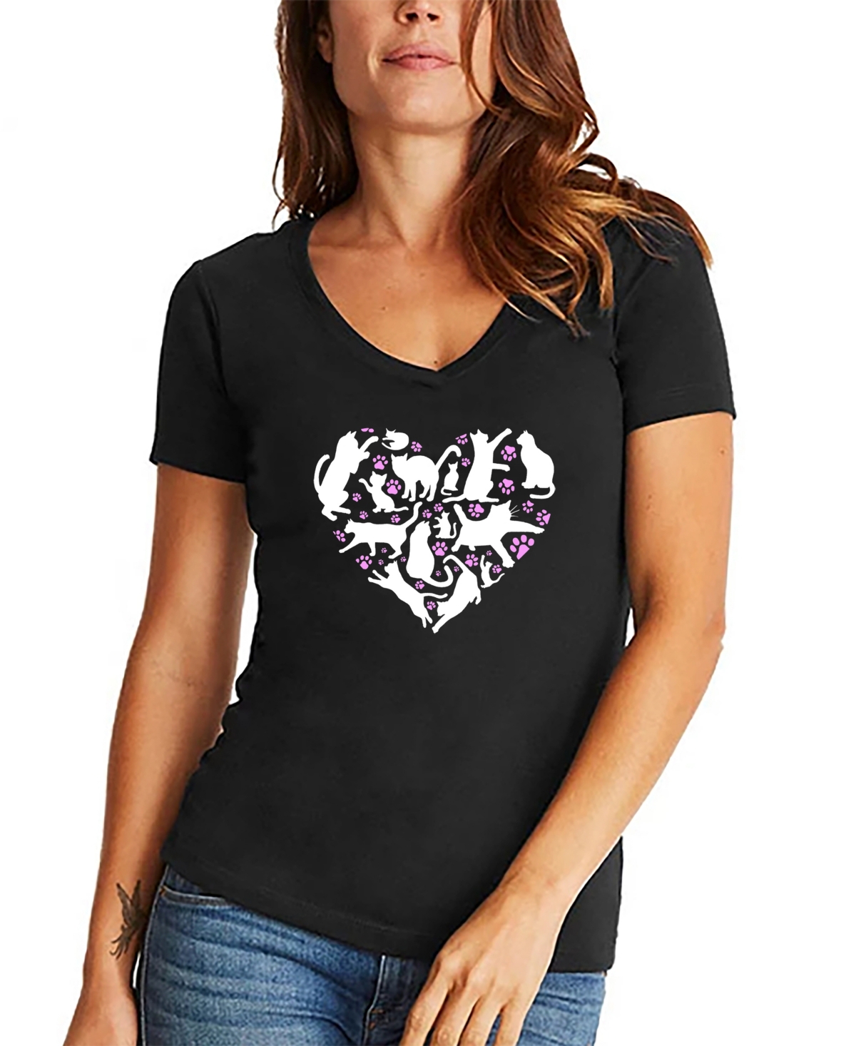 La Pop Art Women's Cat Heart Word Art V-neck T-shirt In Black