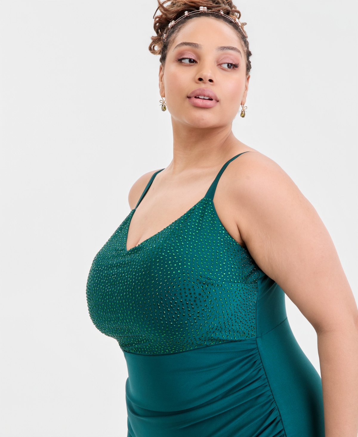 City Studios Trendy Plus Size Beaded-Top Side-Slit Gown