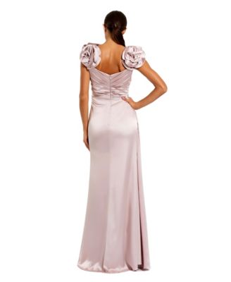 Women's Faux Wrap Satin Gown With 3D Flower Straps