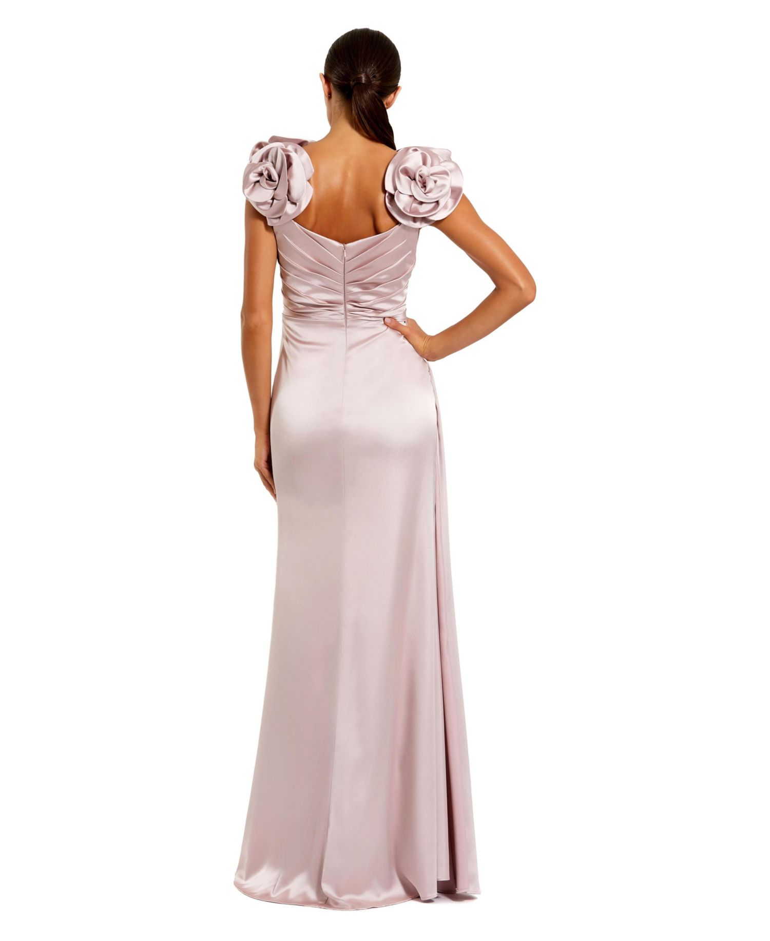 Women's Faux Wrap Satin Gown With 3D Flower Straps