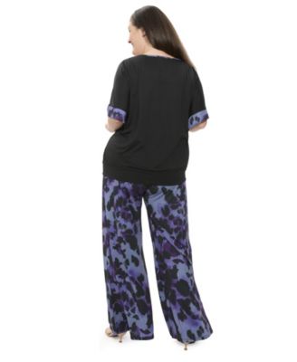 Plus Size Animal Print Boat Neck Short Dolman Sleeve Top and Pant Set