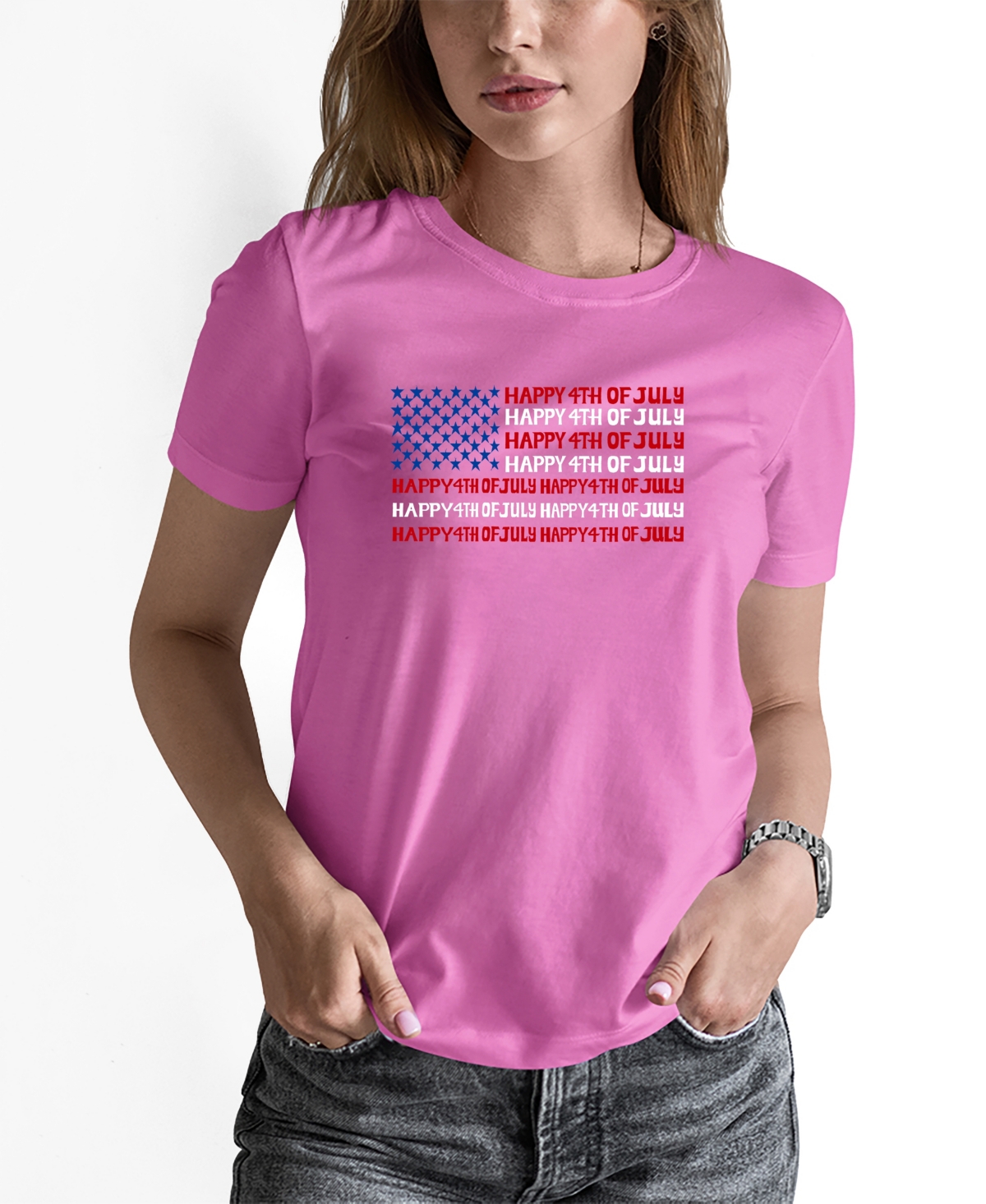 La Pop Art Women's Happy 4th Of July Word Art Long Sleeve T-shirt In Animal Print