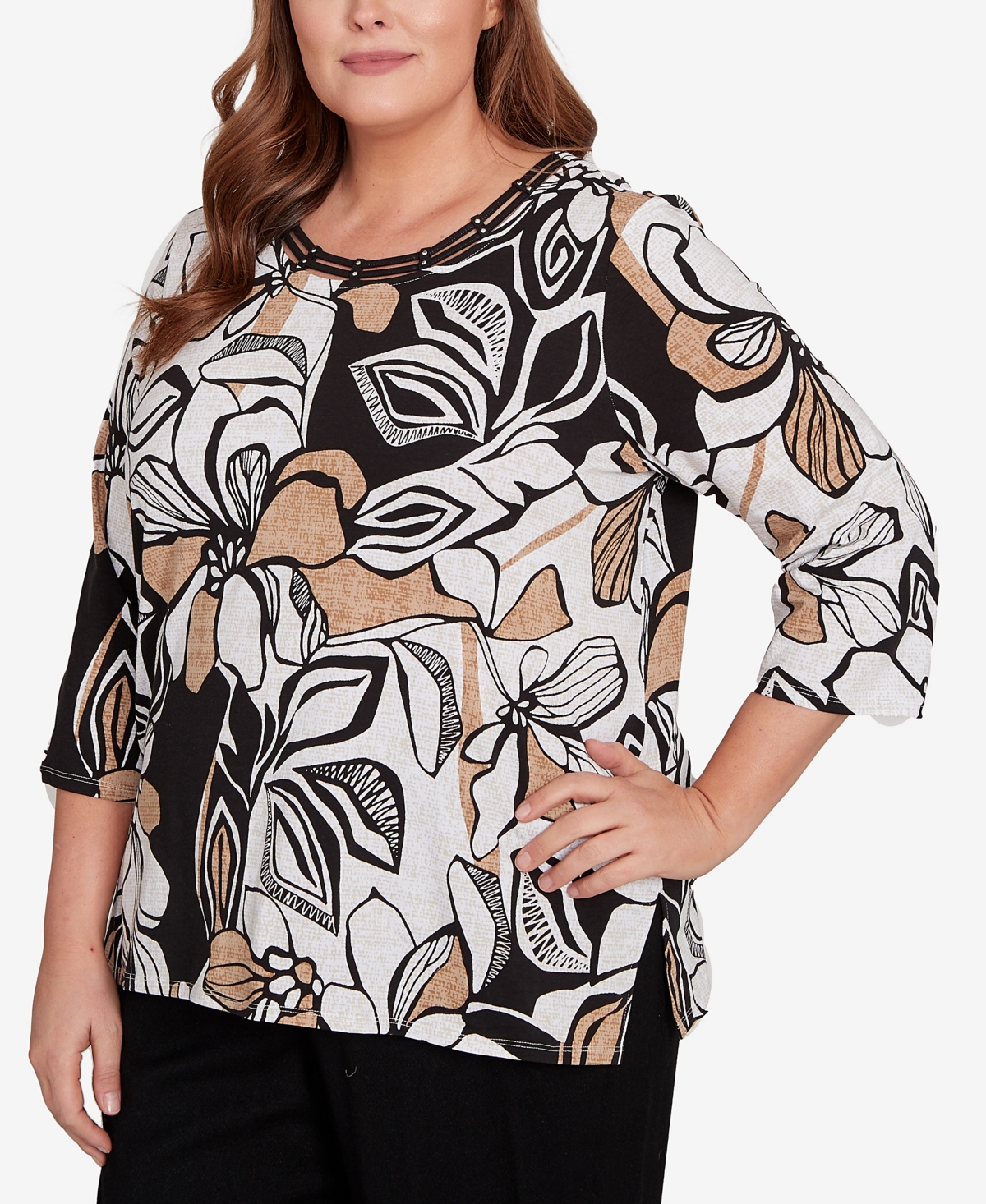 Alfred Dunner Plus Floral Leaf Embellished Top