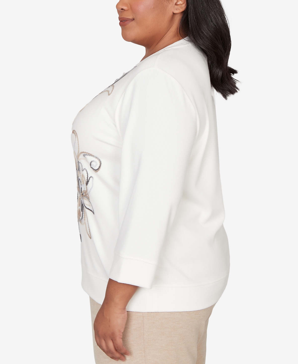 Alfred Dunner Plus Size Comfort & Joy Floral Embroidered Crew Neck Top In White