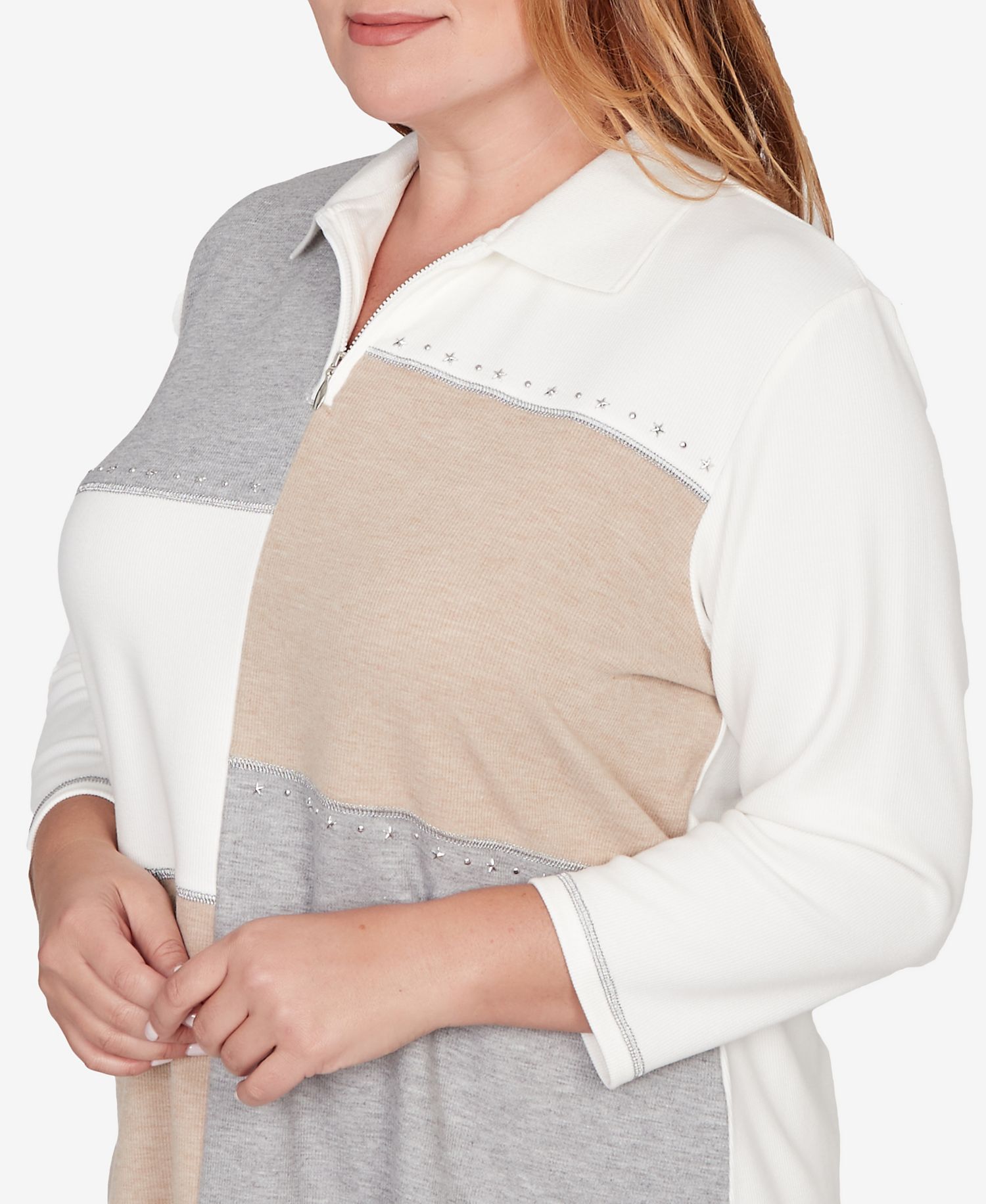 Plus Size Comfort & Joy Colorblock Quarter Zip Patchwork Top