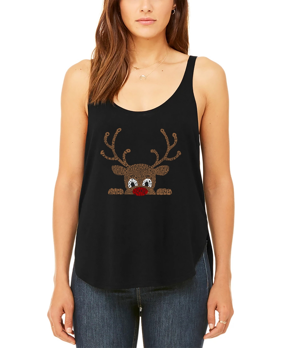 La Pop Art Women's Peeking Reindeer Premium Word Flowy Tank Top