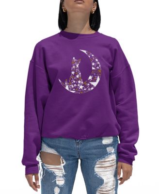 Women's Cat Sitting On Moon Word Art Crew Neck Sweatshirt