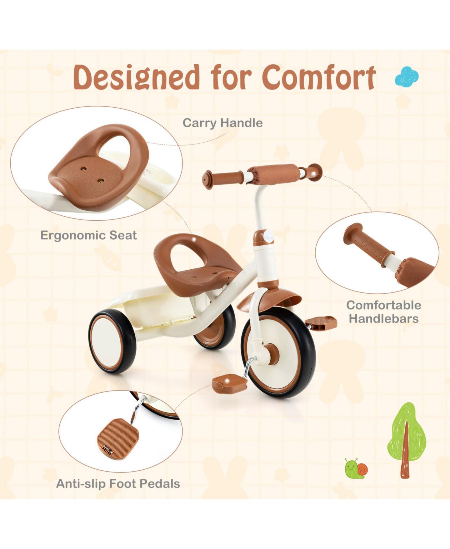 Детская игрушка SUGIFT Toddler Tricycle with Adjustable Seat and Rear Basket, Ages 3-5, цвет: Коричневый — фото 7