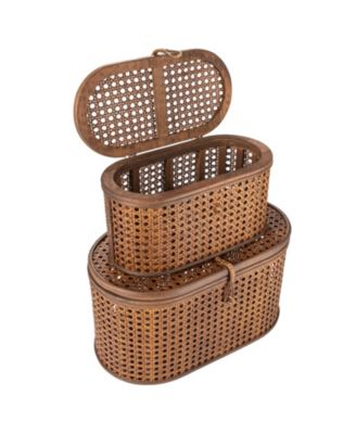 Modern Decorative Oval Woven Rattan Storage Boxes, Set of 2 Sizes, Dark Brown Finish