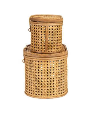 Modern Decorative Oval Woven Rattan Storage Boxes, Set of 2 Sizes, Dark Brown Finish