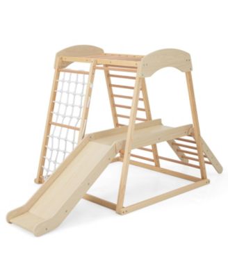 6-in-1 Indoor Jungle Gym Kids Wooden Playground with Monkey Bars-Natural.