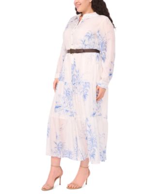 Plus Size Floral Print Long-Sleeve Belted Maxi Dress