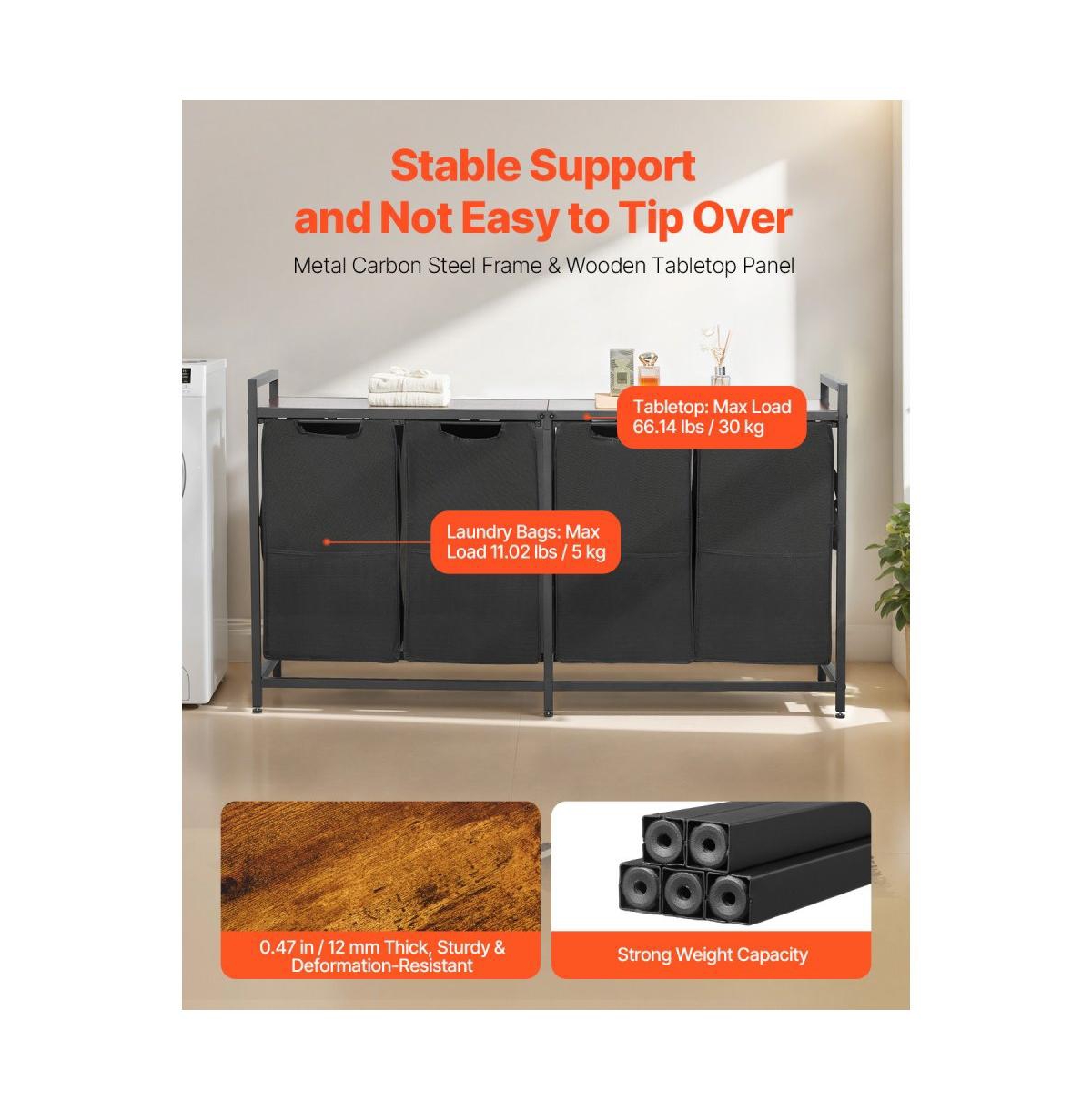 Laundry Sorter Cart with 4 Bags, Metal Frame, and Wood Top