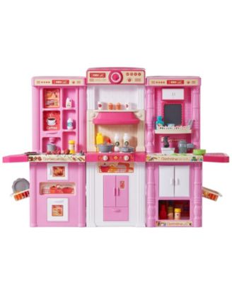 Kids Kitchen Playset, 3-in-1 Kitchen with Spray, Lights & Sounds, 74 PCS Cooking Accessories, Pretend Play Set for Kids