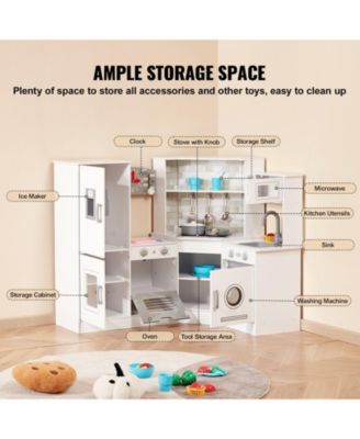 Corner Wooden Play Kitchen, Toy Set with Lights & Sounds, Ice Maker, Oven, Sink, Clock, Microwave, Fridge & Accessories