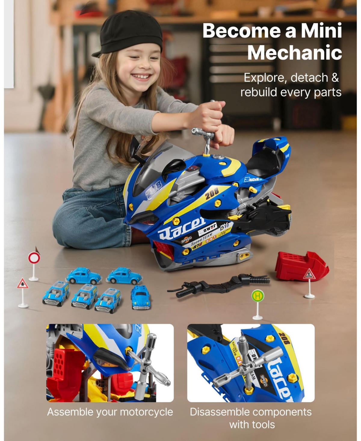 Mecale Motorcycle Engine Toy, 25 Pcs Mechanic Toy with Lights & Sounds, Removable Parts, Simulated Riding, Workshop Toy