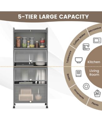 5-Tier Kitchen Baker's Rack Storage Cabinet Mobile Microwave Stand Flip-up Doors