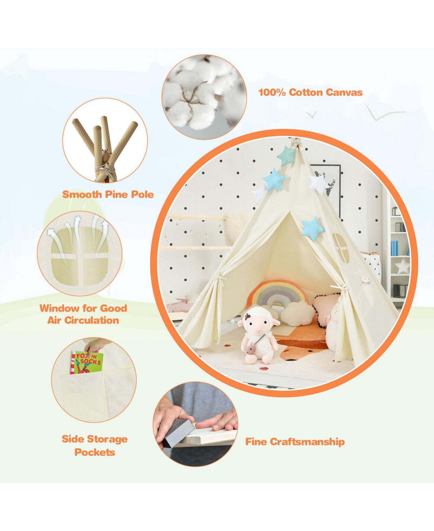Детская игрушка SKONYON Window Wooden-Pole Play Tent, Ages 3+, цвет: Бежевый / Хаки — фото 8