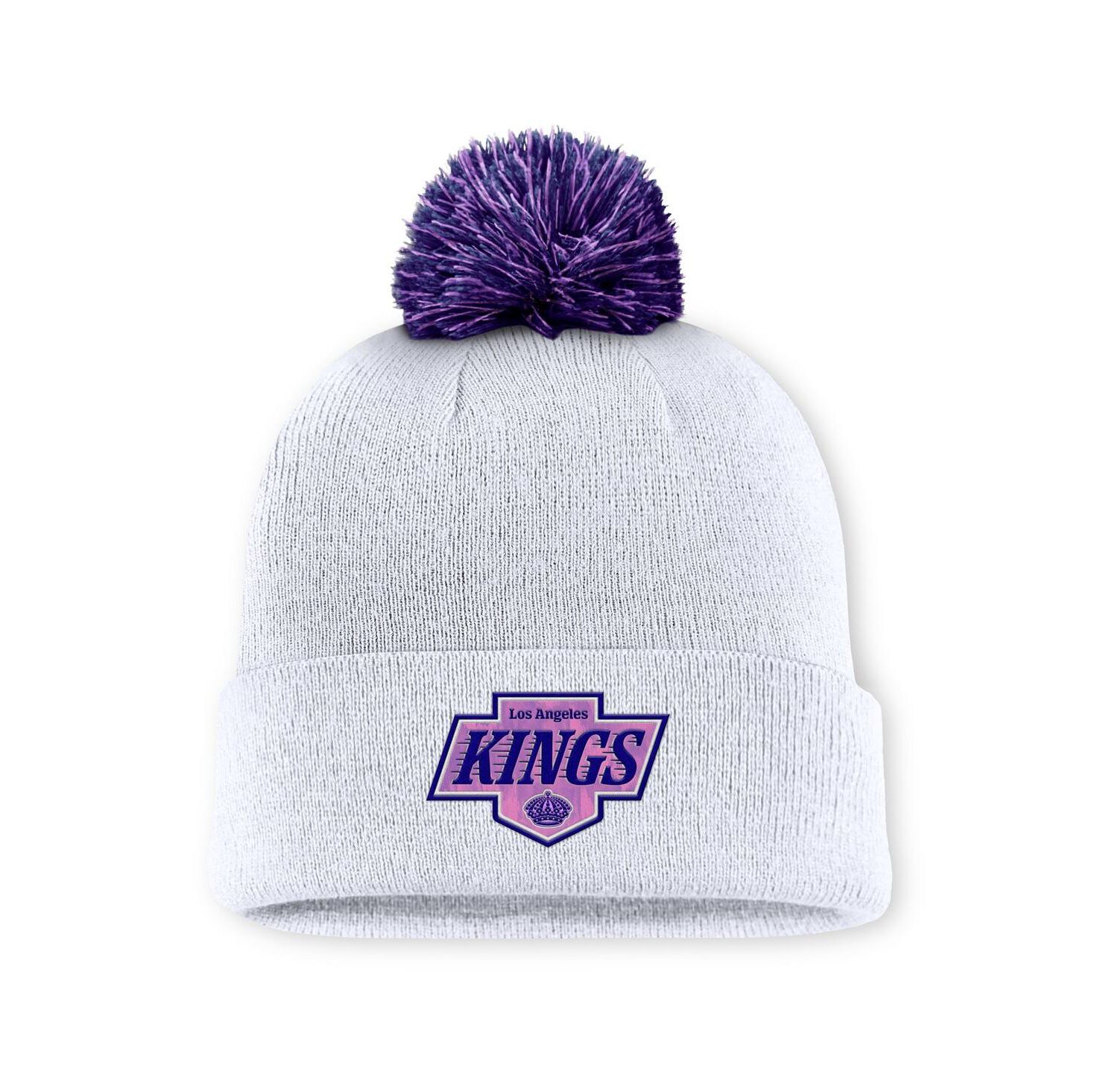Men's White Los Angeles Kings Authentic Pro Hockey Fights Cancer Cuffed Knit Hat with Pom