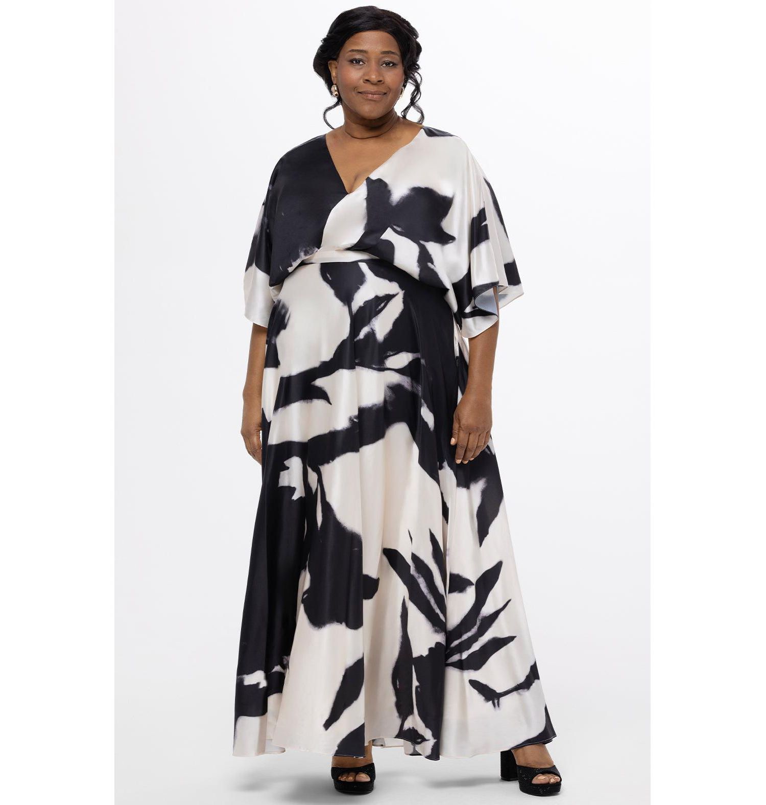 Women's V-Neck Satin Print Maxi Gown