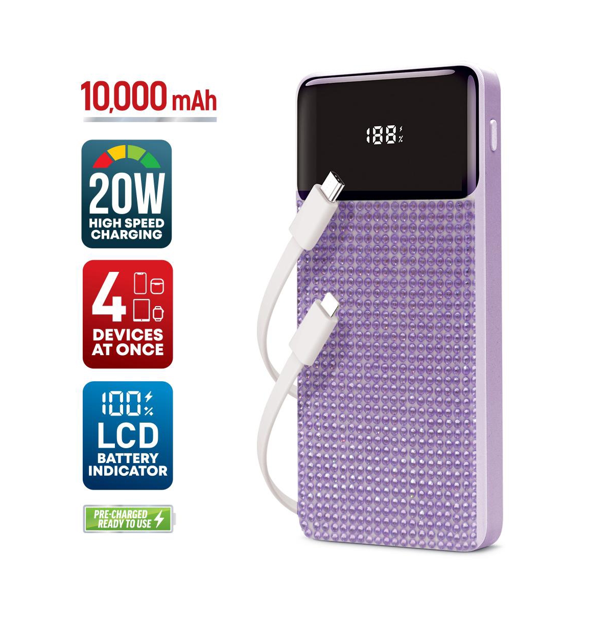 GabbaGoods 10,000mAh Rapid Charging Power Bank with Lcd Battery Display, 2 Buillt-In Cables, Bling Design