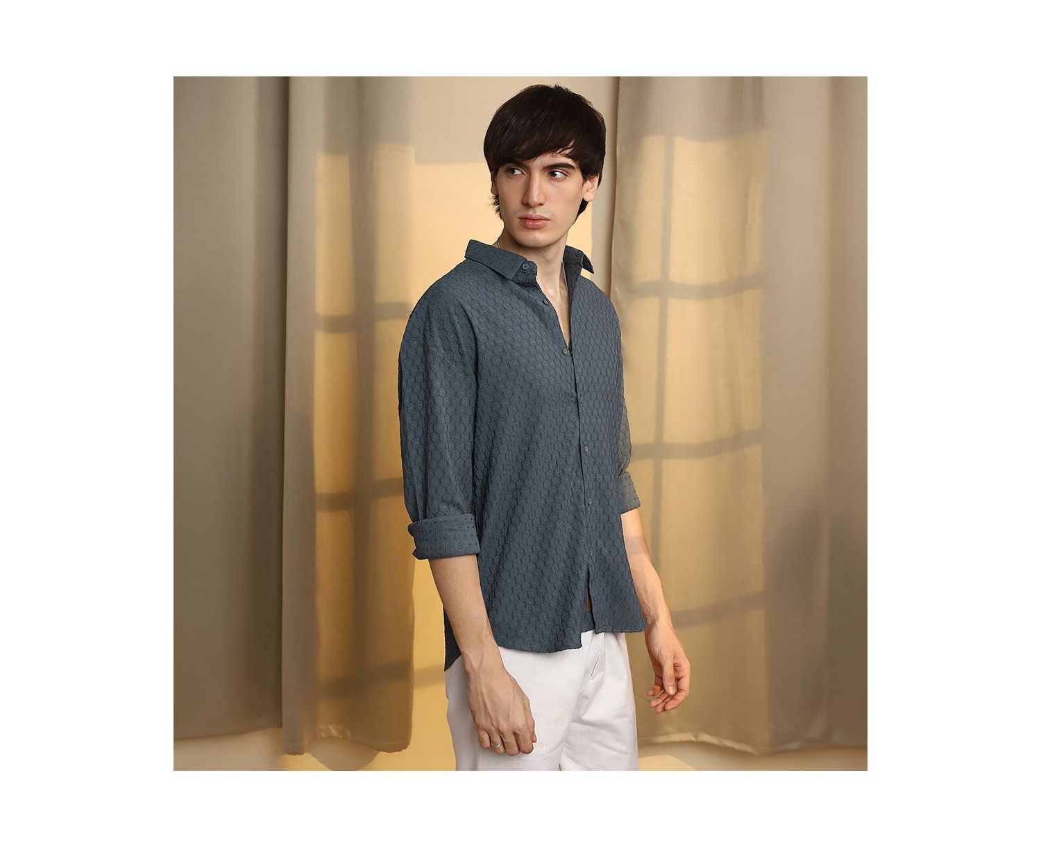 Men's Charcoal Grey Honeycomb-Textured Oversized Shirt