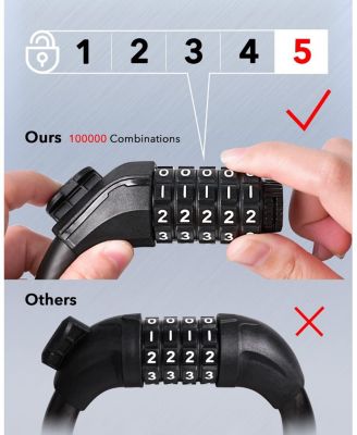 Combination Bike Lock Cable, High Security 5-Digit Resettable Anti-Theft Lock with Mounting Bracket for Bikes and Scooters - Jet Black, 15mm