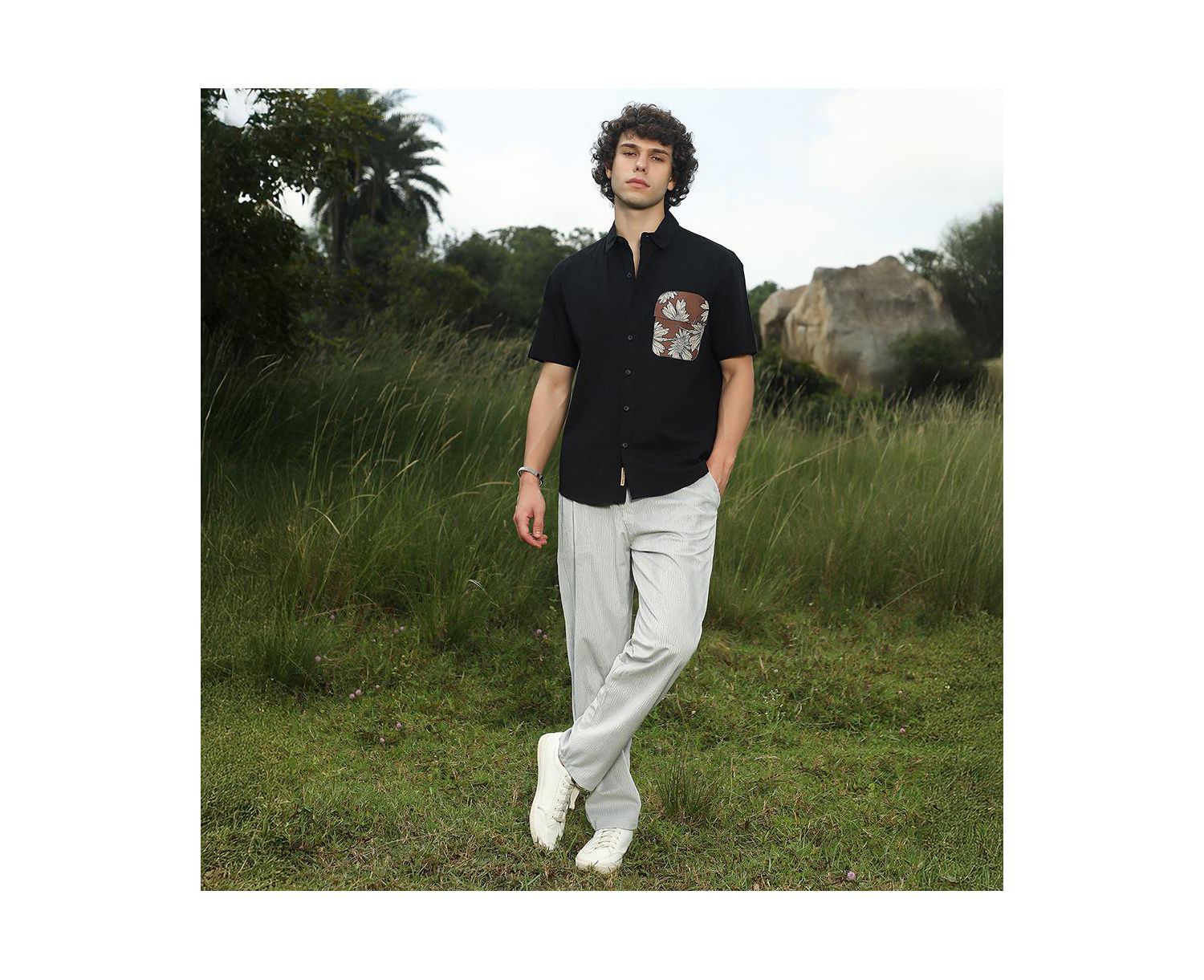 Men's Chocolate Brown & Obsidian Black Flora-Block Shirt