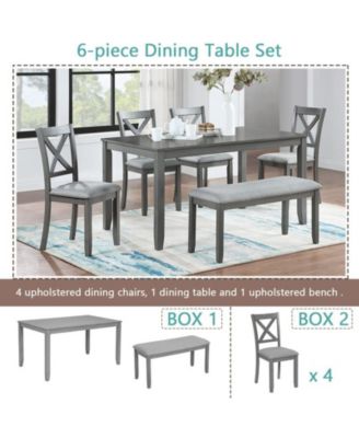 6-Piece Grey Kitchen Counter Set with Rectangular Wooden Dining Table 4 Padded Chairs and Bench