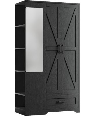 Black Armoire Wardrobe Closet 70 Inches with Mirror, 2 Doors, Drawer, and Shelves