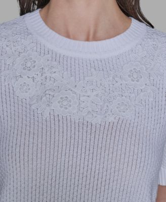 Women's Crewneck Floral Trimmed Sweater