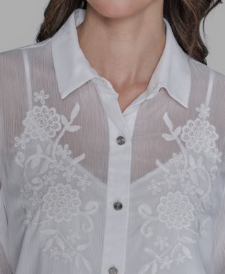 Women's Long-Sleeve Embroidered Flower Blouse