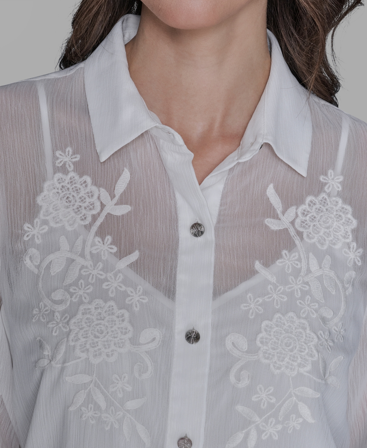 Karl Lagerfeld Paris Women's Long-Sleeve Embroidered Flower Blouse