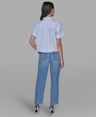 Women's Short-Sleeve Striped Floral Poplin Blouse