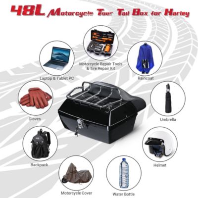 48L Universal Motorcycle Tail Box Top Case Luggage with Top Rack & Backrest for Harley Road King